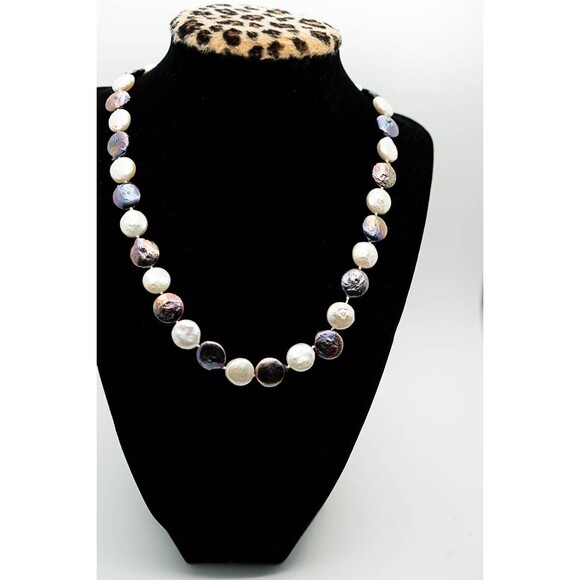 Necklace Coin fresh water pearls purple white handknot 19